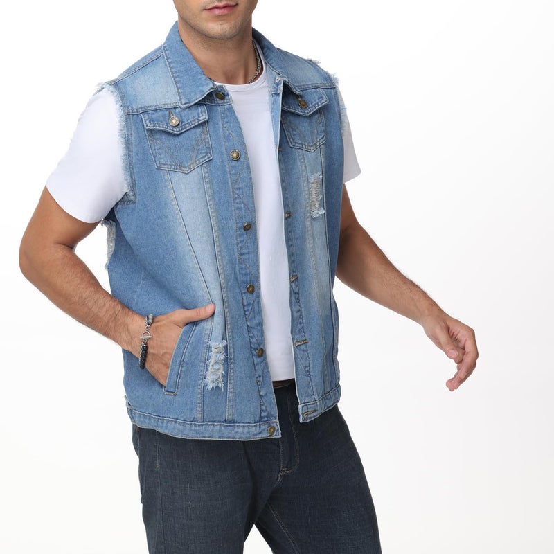 NASKY Men's Fit Retro Ripped Denim Vest Sleeveless Lapel Jean Vest Jacket Waistcoat Top(Large,Light blue) - Image 3